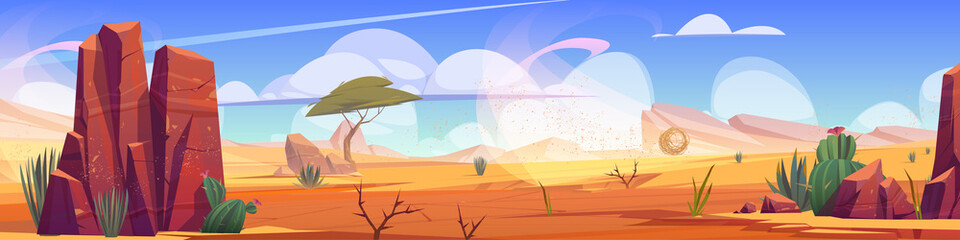 Desert of Africa natural landscape, african panoramic background with tumbleweed rolling along hot dry deserted nature with yellow sand, cacti, rocks under blue sky with clouds, Cartoon illustration