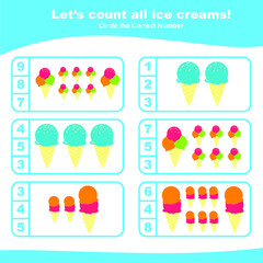 Counting ice creams worksheet for preschool. Teaching children how to count and match images with number. Educational printable math. Vector illustration.