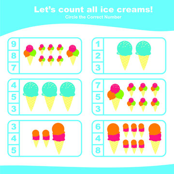 Counting ice creams worksheet for preschool. Teaching children how to count and match images with number. Educational printable math. Vector illustration.