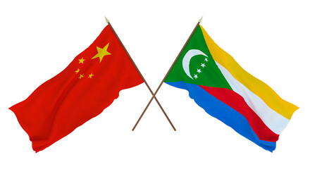 Background for designers, illustrators. National Independence Day. Flags Chine and  Comoros