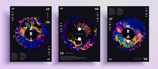 Abstract acrylic poster with eyes, fluid art vector texture collection. Trendy background that applicable for design cover, invitation, presentation and etc. Black, pink and orange creative artwork. - 511223584