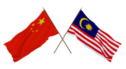 Background for designers, illustrators. National Independence Day. Flags Chine and  Malaysia