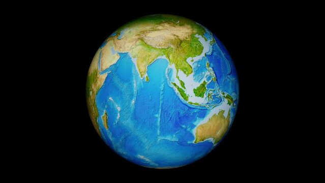 Planet Earth rotates on its axis on black background. 3D motion graphic animation. 4K render