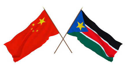 Background for designers, illustrators. National Independence Day. Flags Chine and  South Sudan