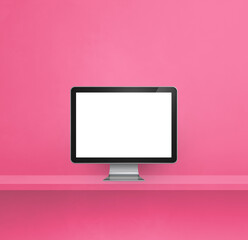 Computer pc on pink shelf background