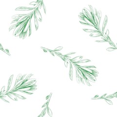 Light seamless botanical pattern isolated on a white background. Pencil hand drawn sketch of a plant.