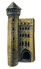 Medieval old castle. Tower. Magic house. Watercolor drawing.
