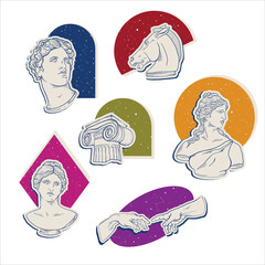 Greek Antique statue, ancient sculpture art sticker set. Vector color geometry surrealism. Head, hand, horse, column