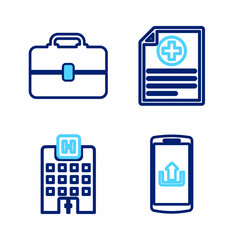 Set line Smartphone with upload, Medical hospital building, Clinical record and Toolbox icon. Vector