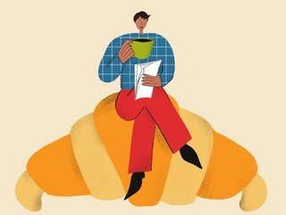 Illustration with a young man sitting on a croissant and drinking coffee. Funny colored typography poster, apparel print design, bar menu decoration. Vintage texture for textile, wrapping paper.