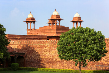 Fatehpur Sikri, founded in 1569 by the Mughal Emperor Akbar, served as the capital of the Mughal Empire from 1571 to 1585.  Imperial Palace complex. India.  18.04.2019