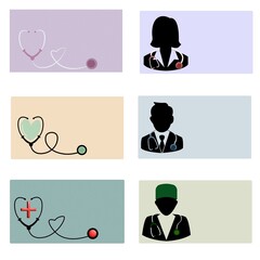 set of cards for the doctor, business cards, stethoscope, phonendoscope, obstetrician, silhouettes of doctors, doctor woman, doctor man, ambulance, medicine, nurse, background,