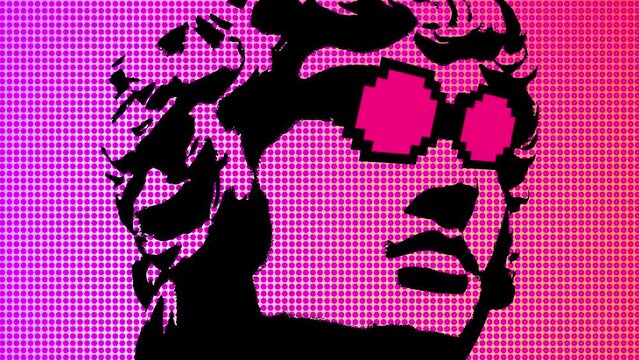 Modern creative concept video 4K with ancient statue head. GIF animation glasses and words background in game style. Contemporary stop motion art. Funky unusual design. Pop art template. Talk bubble.