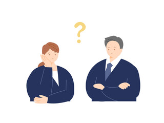 問題を考えるビジネスパーソンの男女のイラスト