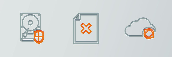 Set line Cloud sync refresh, Hard disk drive HDD protection and Delete file document icon. Vector