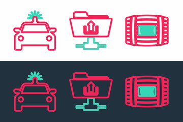 Set line Wooden barrel for wine, Police car and flasher and FTP folder upload icon. Vector