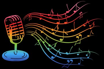 Karaoke music icon in doodle style. Vintage microphone with notes vector cartoon illustration on black isolated background. Audio equipment concept with bright rainbow melody effect.
