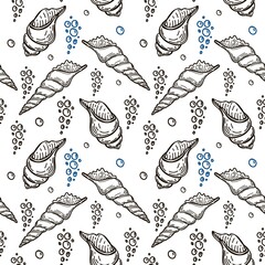 Obraz premium Seamless, hand-drawn sea creatures in sketch style. Seashells and bubbles. Monochrome palette. White background. Isolated. Summer. Ocean. Flat design. Vector illustration.