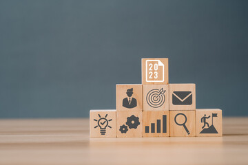 2023 Budget planning and allocation concept. Business strategy including element with goal, ideas,...
