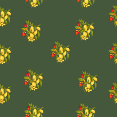 Cute seamless pattern on a dark green background with beautiful and delicious lemons. Texture for scrapbooking, wrapping paper, invitations. Vector illustration.