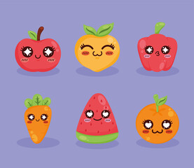 six kawaii fruits and vegetables