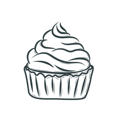 A simple drawing of a sweet cupcake with cream. Handmade muffin with whipped cream. Drawing in doodle style with strokes. Black outline on a white background.