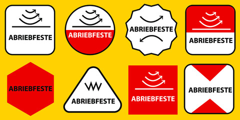 Abrasion resistant sign set in German for sticker printing. Product information vector badge or tag set