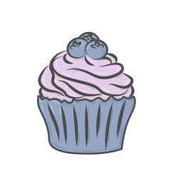 A simple drawing of a sweet cupcake with cream and blueberries. Handmade muffin with whipped cream. Drawing in doodle style with strokes. Colorful image on a white background.