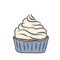 A simple drawing of a sweet cupcake with cream. Handmade muffin with whipped cream. Drawing in doodle style with strokes. Isolated vector illustration