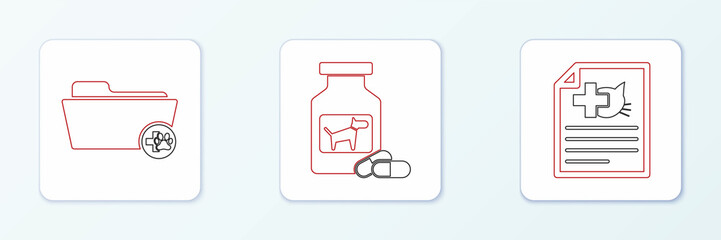 Fototapeta premium Set line Medical certificate for dog or cat, veterinary record folder and Dog medicine bottle and pills icon. Vector