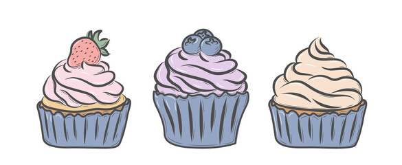 Set of hand drawn muffins. Doodle sketch style. Line drawing of simple cupcakes decorated with cream. Isolated colorful vector illustration in line style.