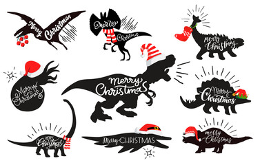 Cute cartoon Christmas Dinosaurs bundle. Dinosaurs wear red hats, scarfs and red socks on white background