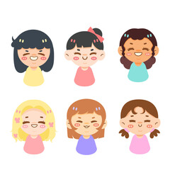 Set of cute girls icons. smile, happy, children, colorful, cartoon,