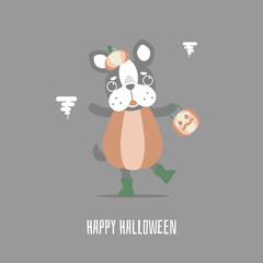 happy halloween holiday festival with cute french bulldog and pumpkin, flat vector illustration cartoon character design