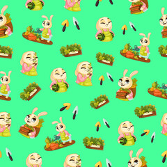 Cute spring seamless pattern on a turquoise background with cute bunnies, tasty herbs, pretty flowers and gardening tools. Texture for scrapbooking, wrapping paper, invitations. Vector illustration.