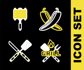 Set line Crossed hot chili pepper pod, fork and spatula, knife and Barbecue steel grid icon. Vector