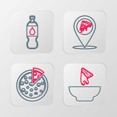 Set line Nachos in plate, Pizza, Location with slice pizza and Bottle of water icon. Vector