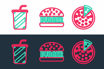 Set line Pizza, Glass with water and Burger icon. Vector