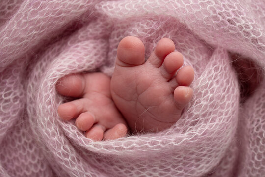 Knitted pink heart in the legs of a baby. Soft feet of a new born in a pink wool blanket. Close-up of toes, heels and feet of a newborn. Macro photography the tiny foot of a newborn baby. 