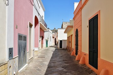 A narrow street between the old houses of Presicce, a picturesque village in the province of Lecce...