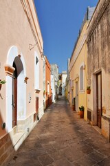 Obraz premium A narrow street between the old houses of Presicce, a picturesque village in the province of Lecce in Italy.