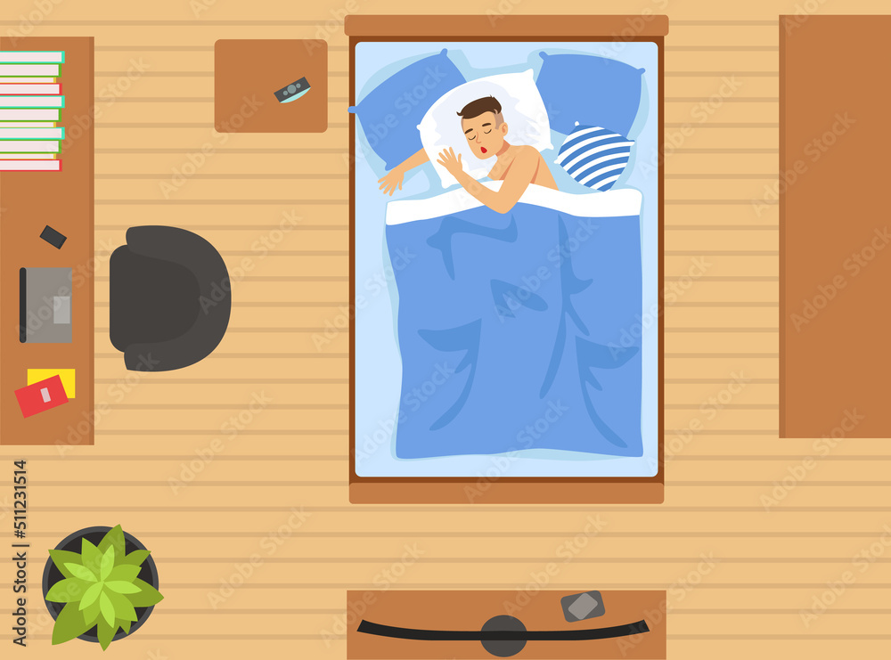 Sticker Man Character Sleeping on Bed Covered with Blanket in His Room Above View Vector Illustration