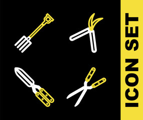 Set line Gardening handmade scissor, and pitchfork icon. Vector