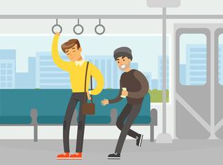 Man Character Standing in Public Transport Nodding and Taking Nap with Thief Stealing Money from His Bag Vector Illustration