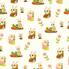 Fototapeta premium Cute spring seamless pattern on white background with cute bunnies, pretty flowers and gardening tools. Texture for scrapbooking, wrapping paper, invitations. Vector illustration.