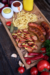 Tasty freshly grilled Sausages served with French fries and sauce on wooden board