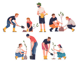 People Character Planting Tree Sapling in Soil Taking Care of Planet and Nature Vector Illustration Set