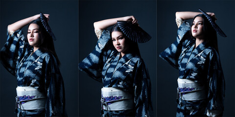 Fashion Half body of 20s young adult Asian Woman wear Japanese Kimono Yukata, strong stress feeling