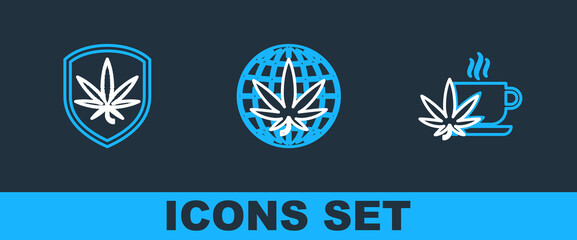 Set line Cup tea with marijuana, Shield and and Legalize icon. Vector