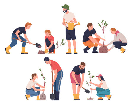 People Character Planting Tree Sapling in Soil Taking Care of Planet and Nature Vector Illustration Set